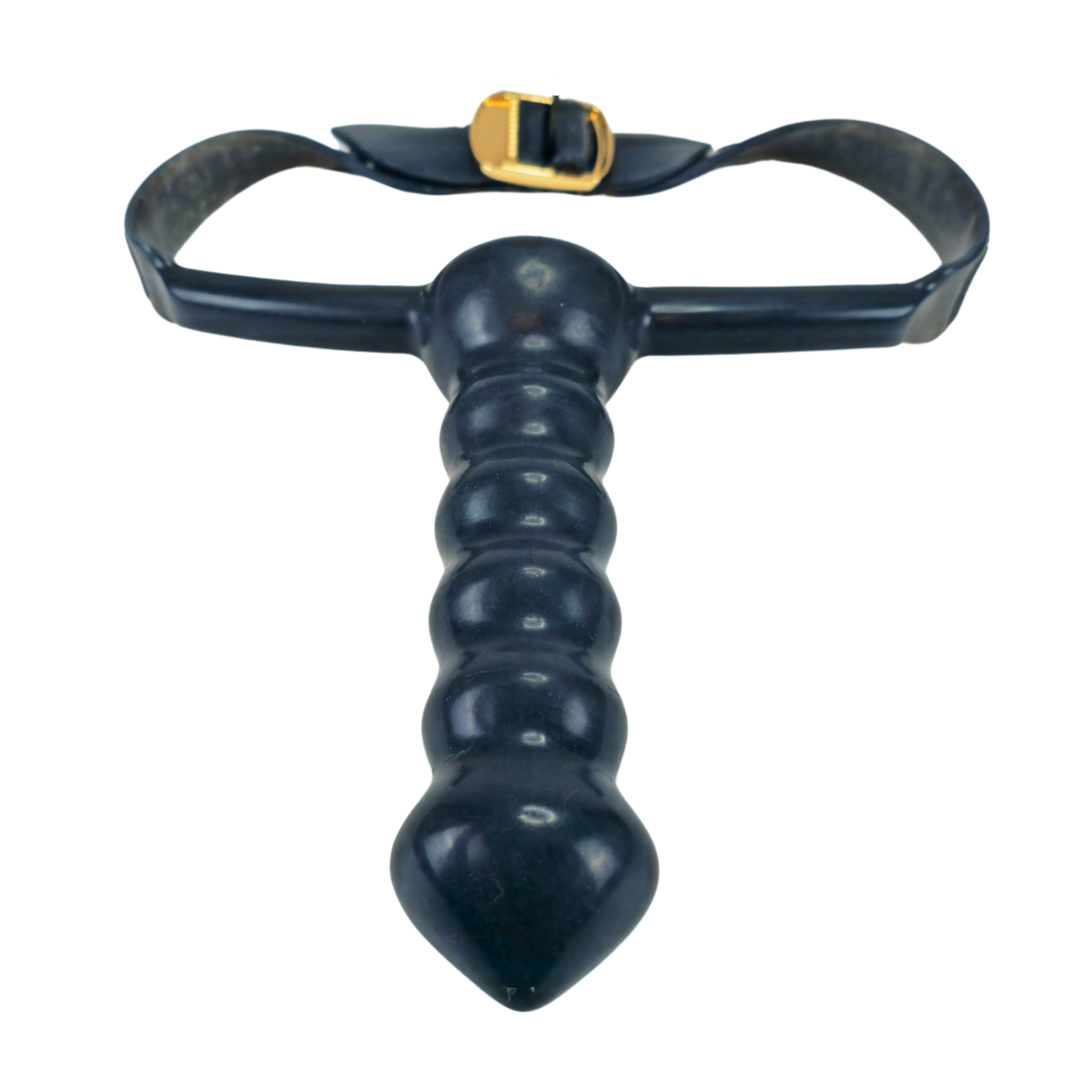 A black silicone ball gag with a series of bubbles along the shaft. It is attached to a black strap with a gold-colored buckle.