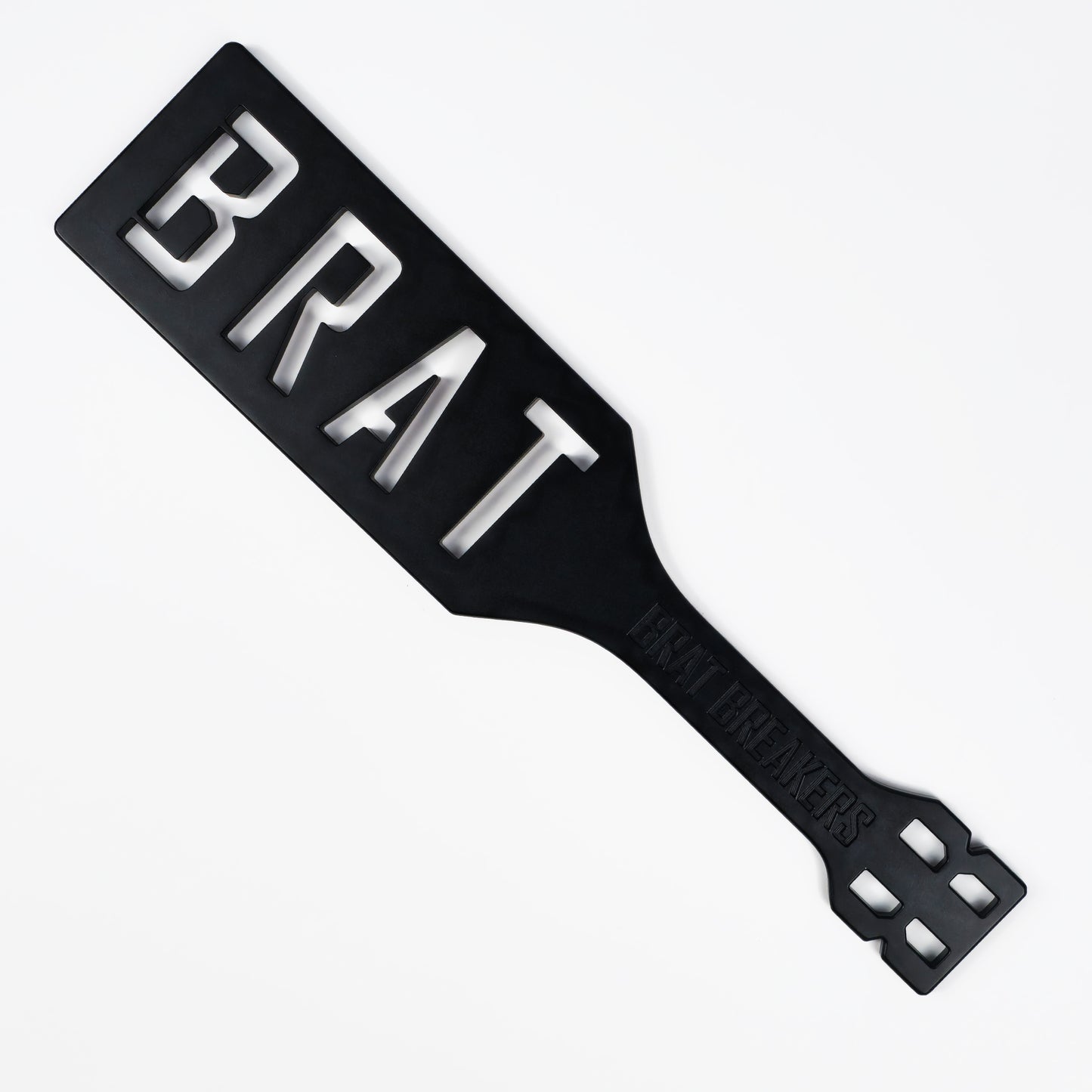 Black Steel Spanking Paddle with BRAT cut out made by Brat Breakers