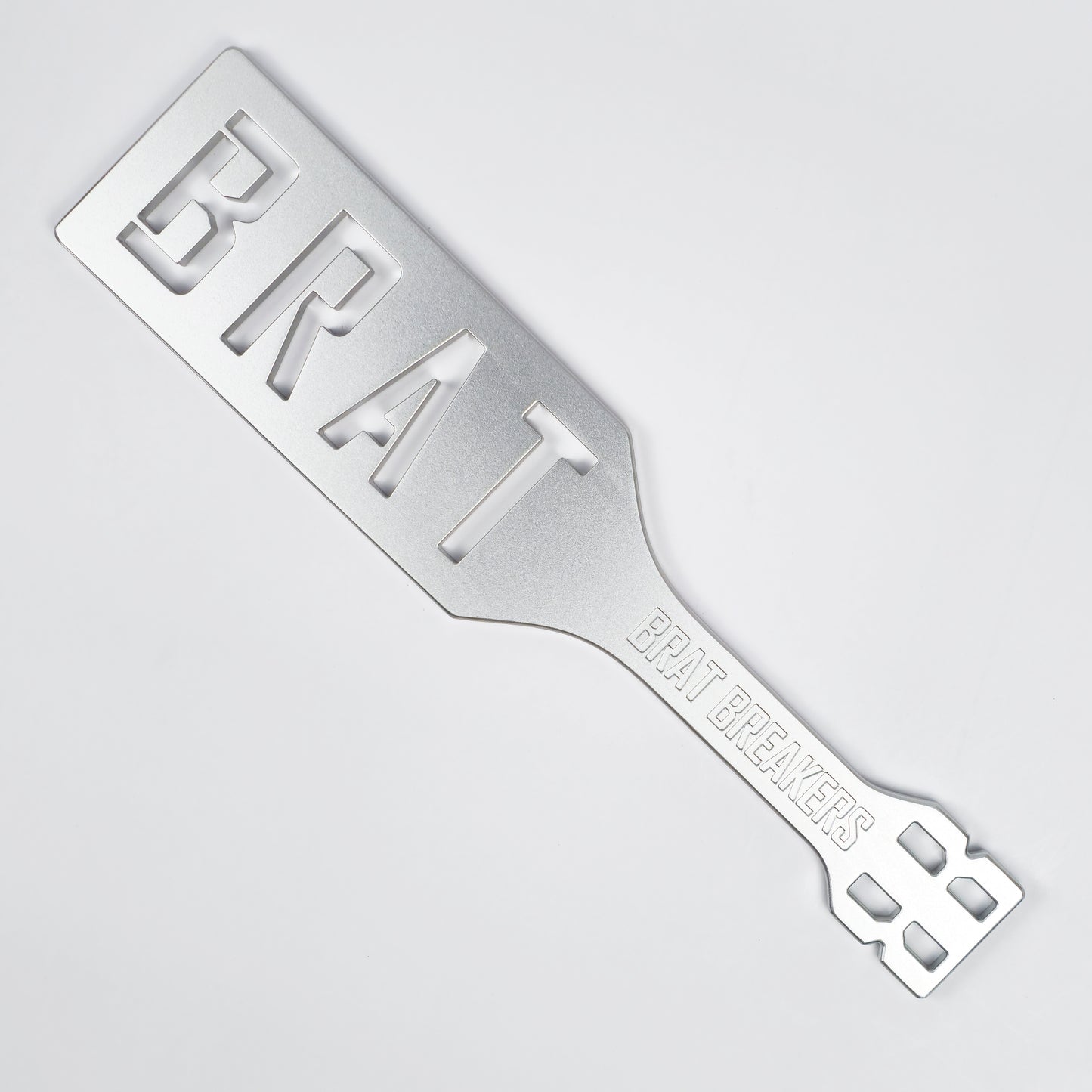 Silver teel Spanking Paddle with BRAT cut out made by Brat Breakers
